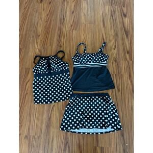 Lands' End polka dot tankini set swim skirt two tops black and white size 6